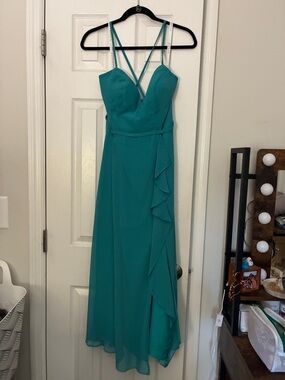 Azazie Teal Spaghetti-Strap Evening Dress with Ruffle Detail